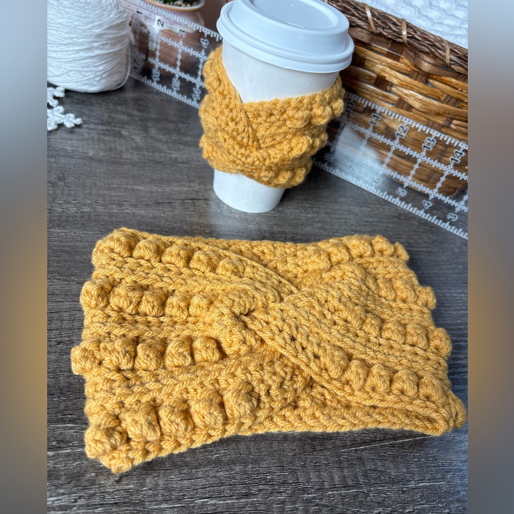 NWOT Handmade Crochet Mustard Headband  and Cup Cozy, Boho Bobble Twist Headband
